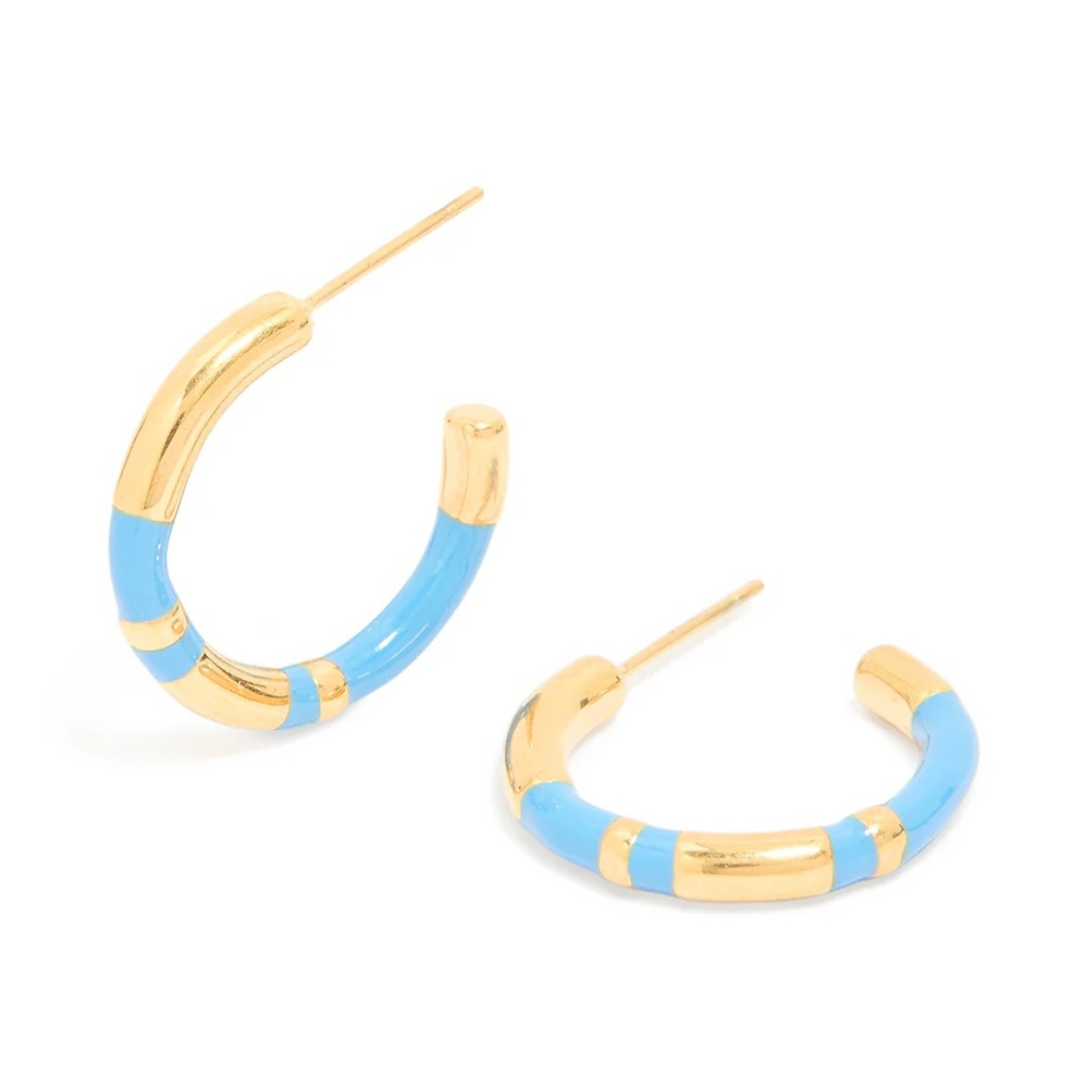 WATERPROOF Gold Plated Stainless Steel Small Blue Enamel Stripe Hoop Earrings